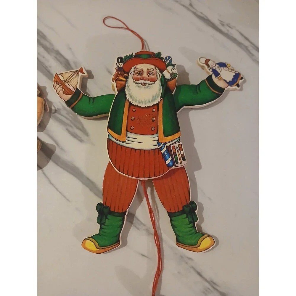 Lot Of 2 Vintage Pull String Puppet Ornaments Santa Little Girl Holiday Toy